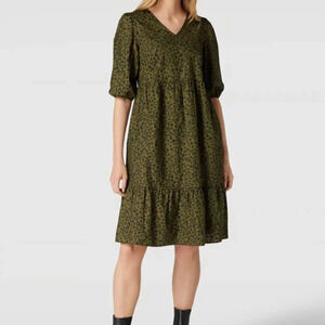 Montego Dress Midi A-Line Short Cheetah Floral Olive Green Black Size 36 US 6